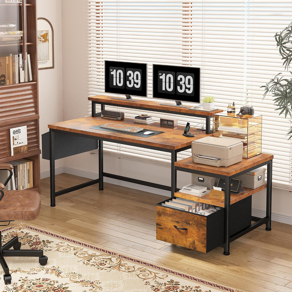 56.5" Office Desk with Drawers and Printer Space,Computer Desk with Power Outlets,Home Office Desks with File Drawers