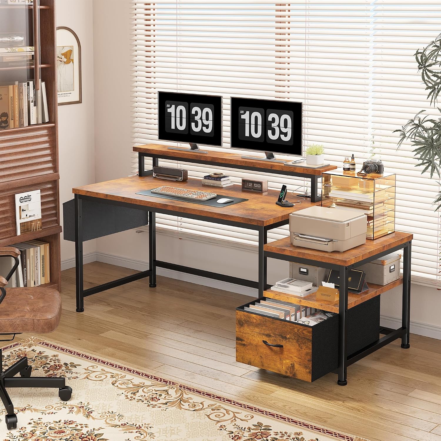 56.5" Office Desk with Drawers and Printer Space,Computer Desk with Power Outlets,Home Office Desks with File Drawers