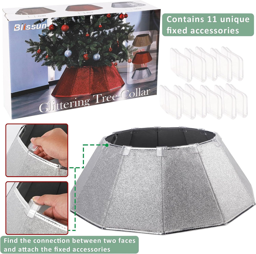 Fabric Christmas Tree Collar - Glittering Ring and Willow Skirt for Tree Decorations (Glitter Silver)