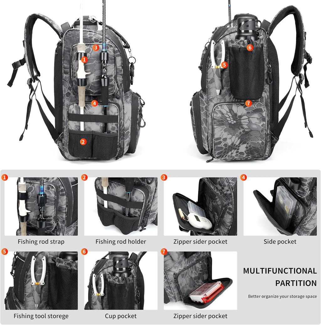 Fishing Tackle Backpack with Rod Holders, Bottle Holder, Storage Bag Store Fishing Gear