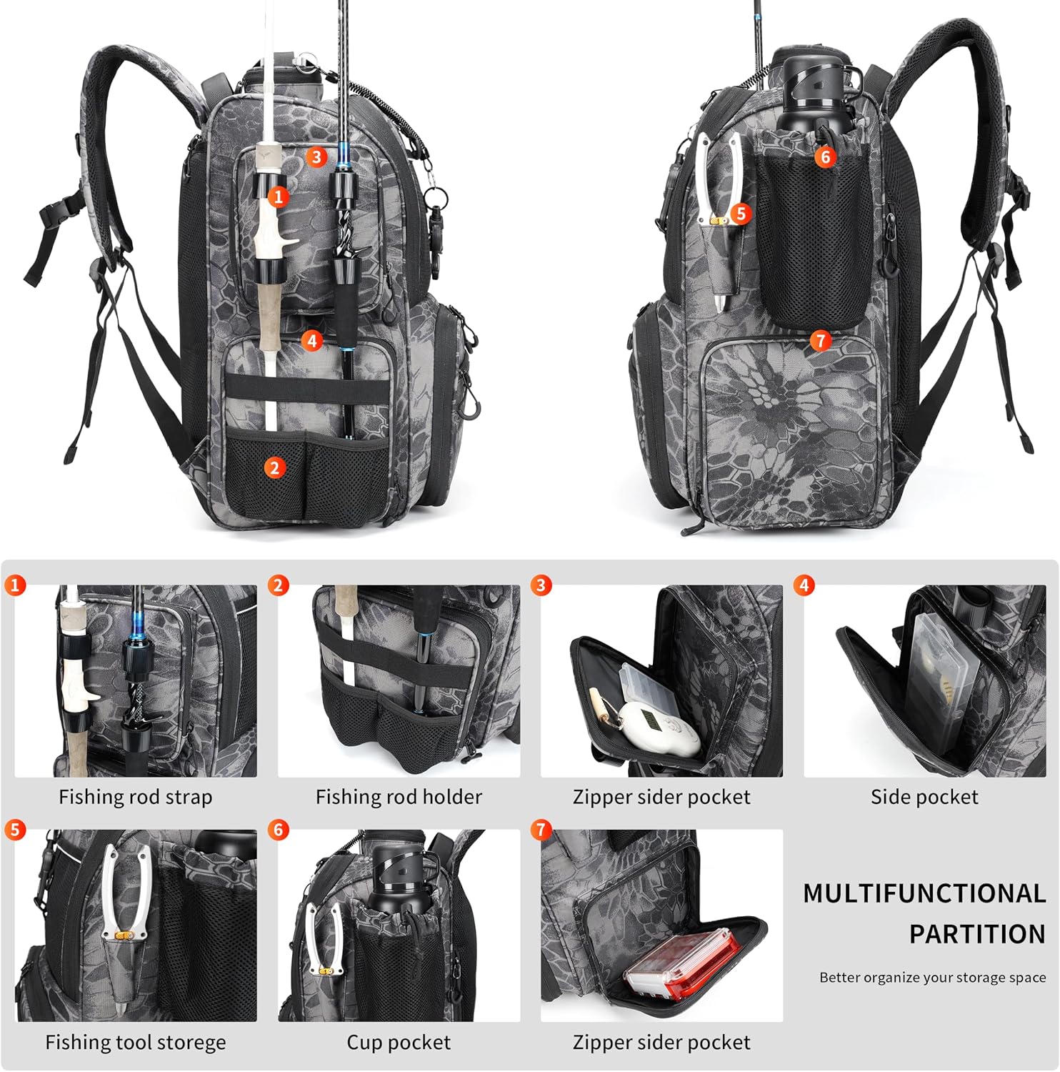 Fishing Tackle Backpack with Rod Holders, Bottle Holder, Storage Bag Store Fishing Gear