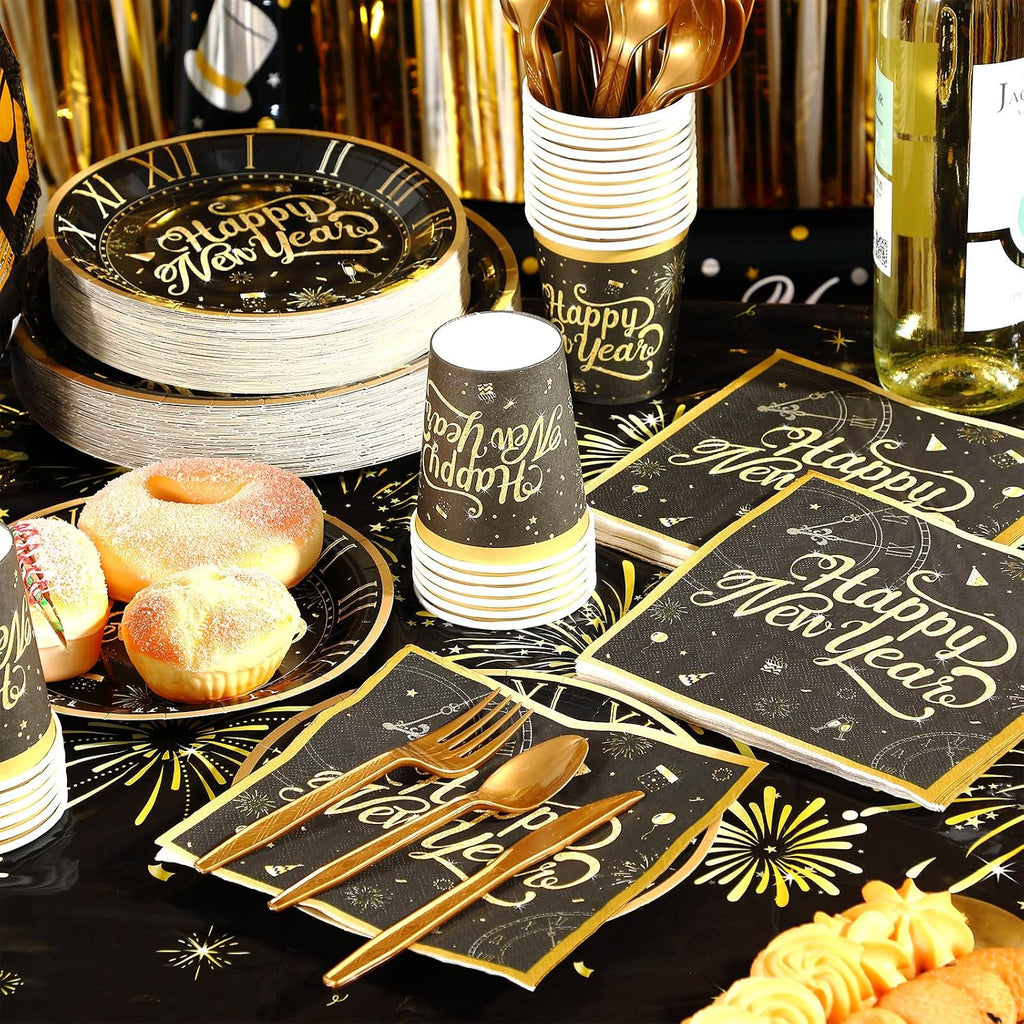 209 Pcs 2026 New Years Eve Party Supplies for 24 Guests Black Gold Tableware Set with Plates Napkins Plastic