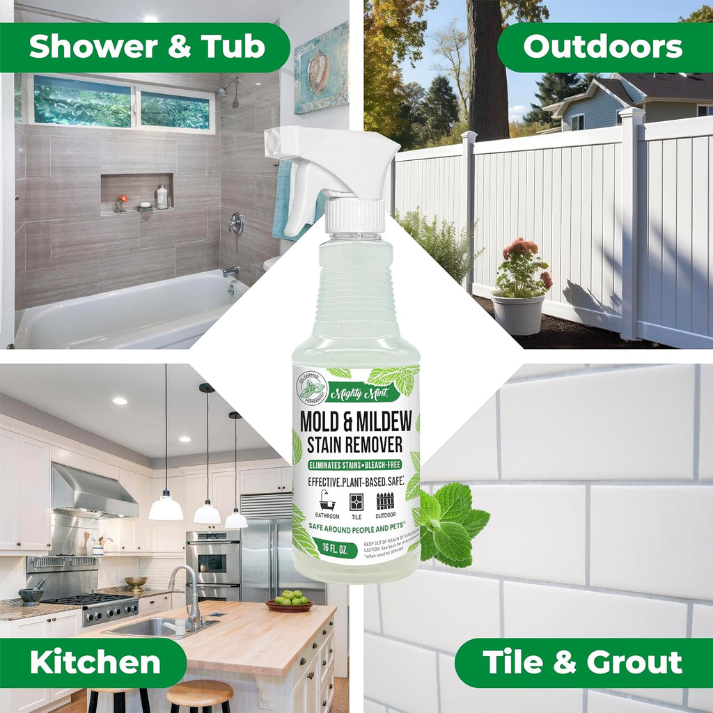 Mold & Mildew Stain Remover Spray, Rapid Clean for Bathroom, Kitchen, Hard Water, Outdoors, Natural Peppermint Scent