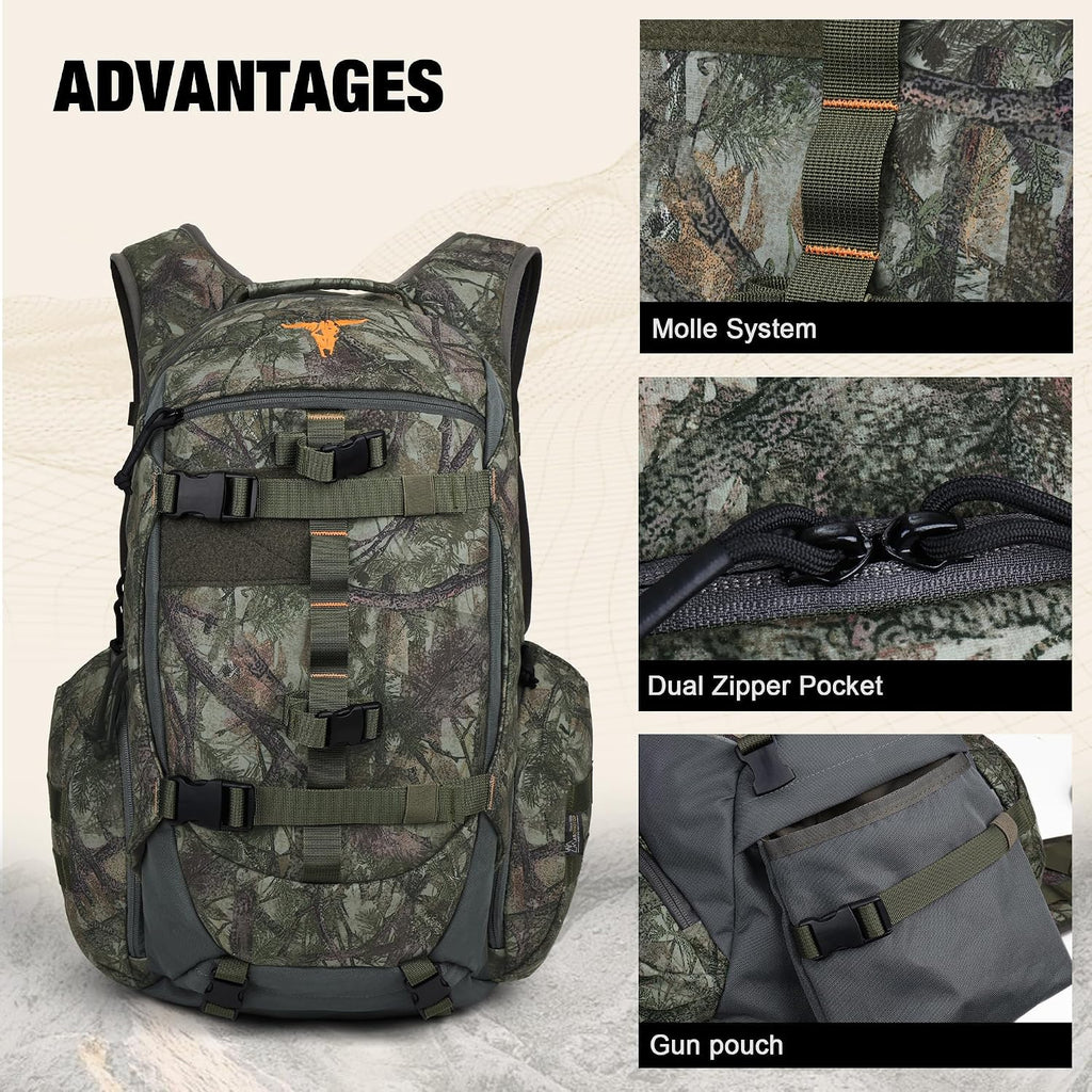 40L Camo Hunting Backpack for Bow Rifle Gun，Large Capacity Tactical Hunting Day Pack with Rain Cover for Hunting