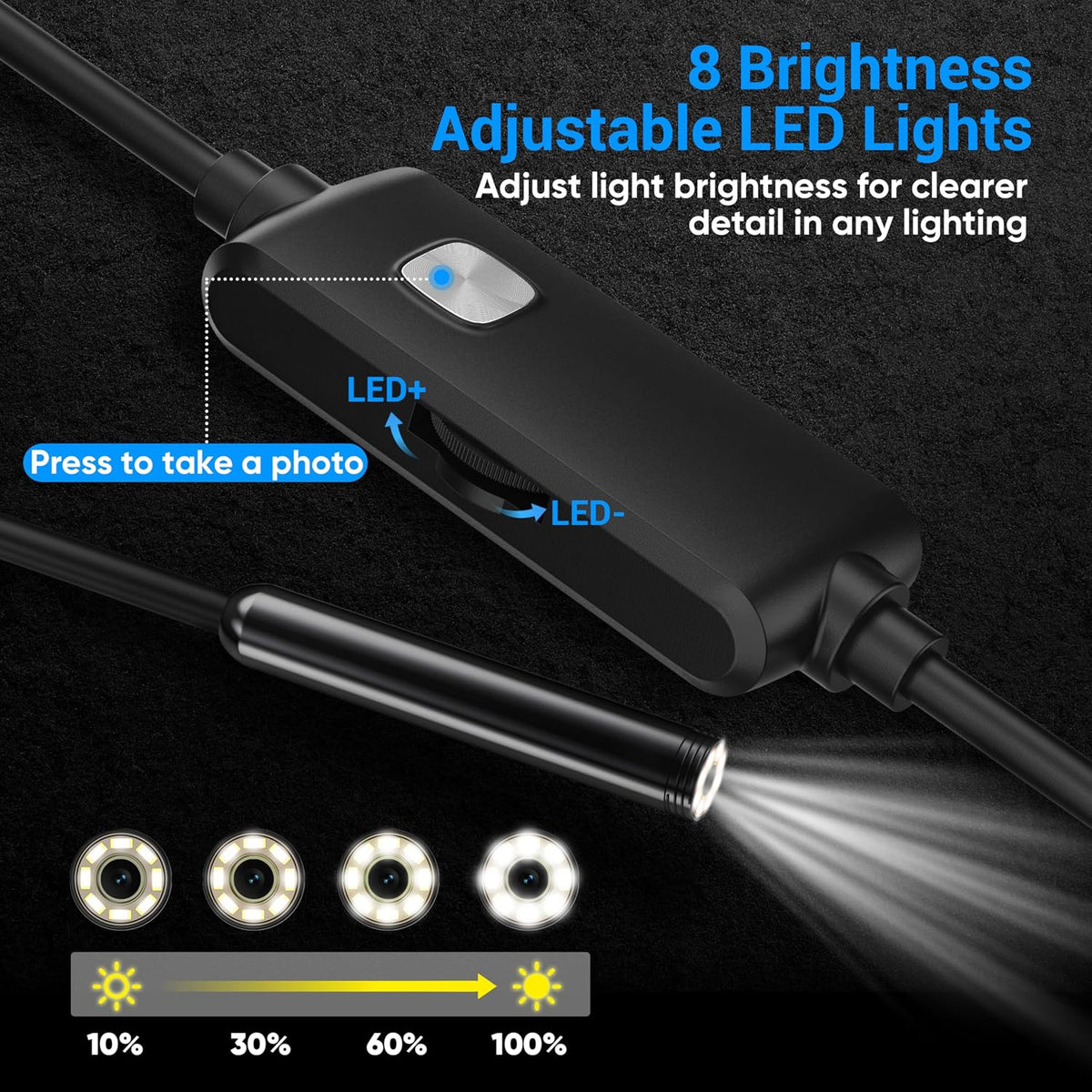Endoscope Camera with Light,1920P HD Borescope with 8 Adjustable LED Lights