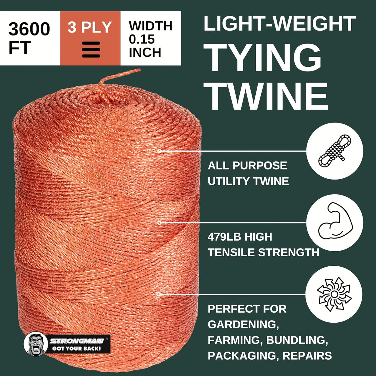 Strongman Baling Twine 3-Ply, 3600 Ft, 479 LB Heavy Duty Baler Twine