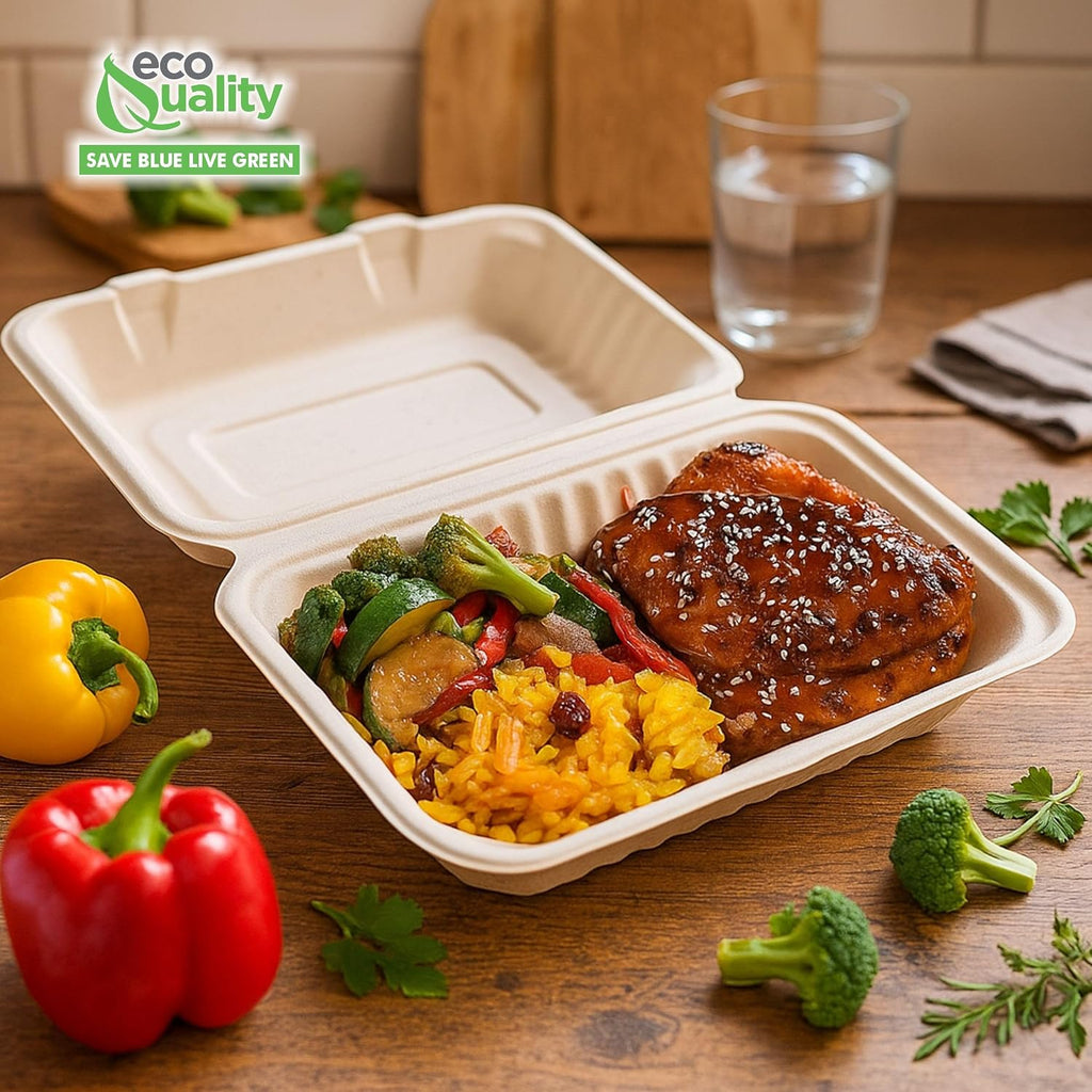 [10 PACK] EcoQuality White 6 x 9 x 3 in. Compostable Clam Shell Hinged Take Out Food Container - Sugarcane Bagasse