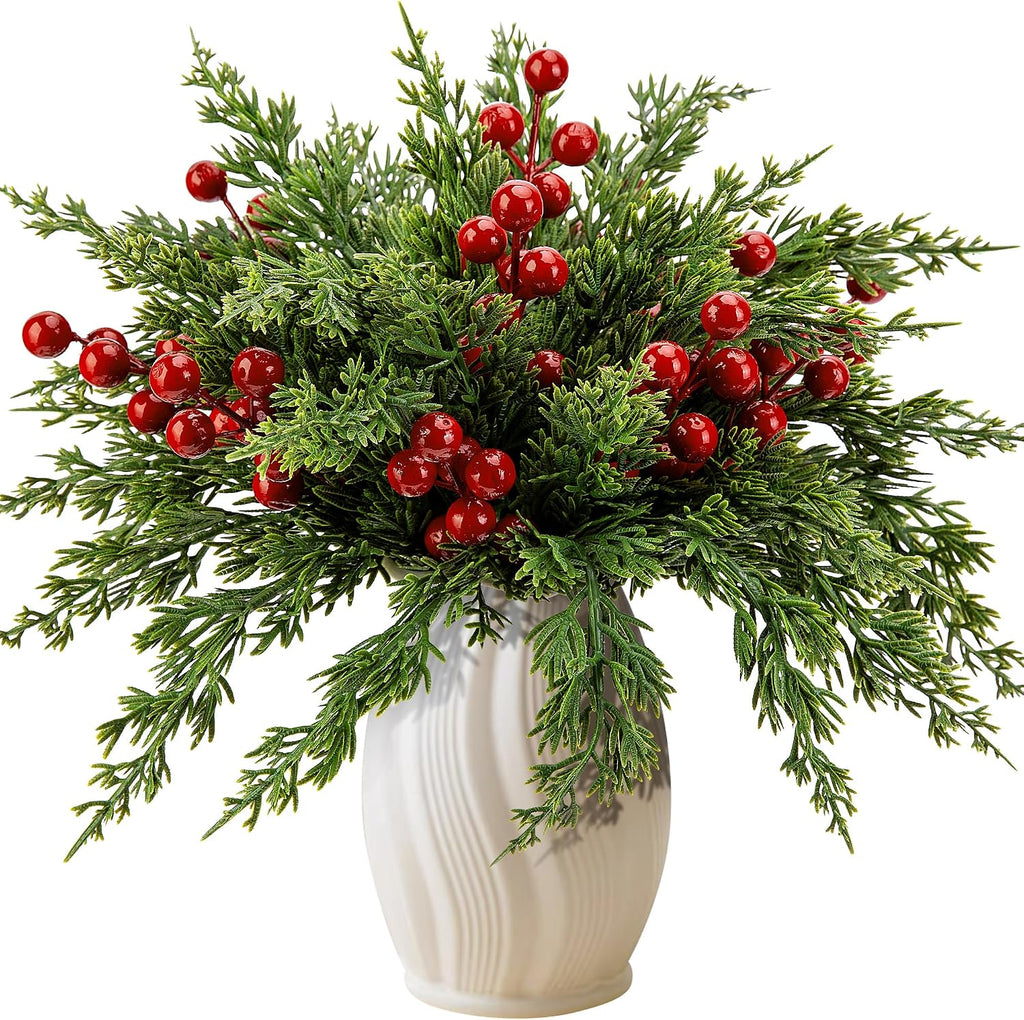 45 Pcs Christmas Artificial Pine Branches with Red Berry Stems, 10.5" Faux Evergreen Norfolk Pine Cypress Leaves