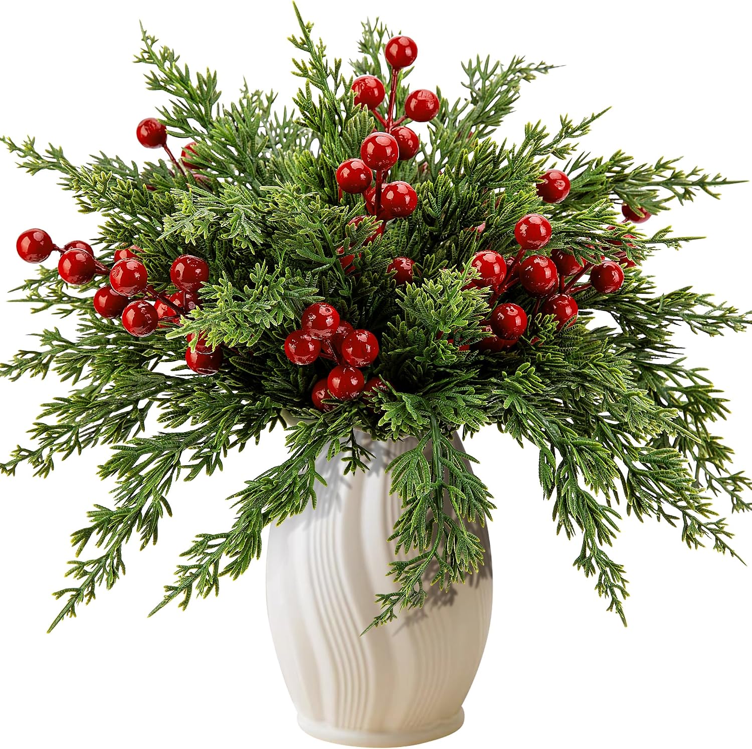 45 Pcs Christmas Artificial Pine Branches with Red Berry Stems, 10.5" Faux Evergreen Norfolk Pine Cypress Leaves