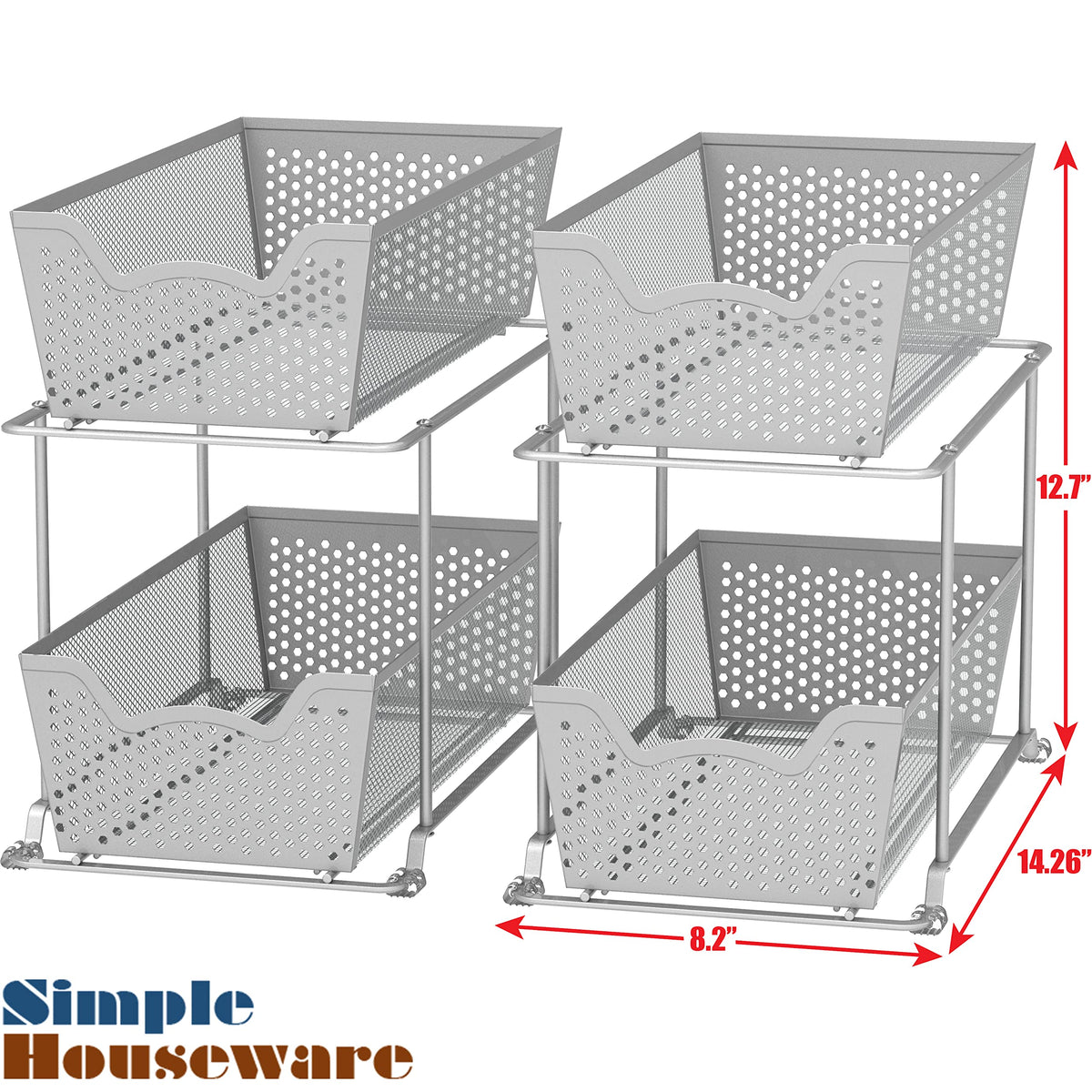 Cabinet 2 Tier Perforated Basket Drawer, Silver - 2 Pack
