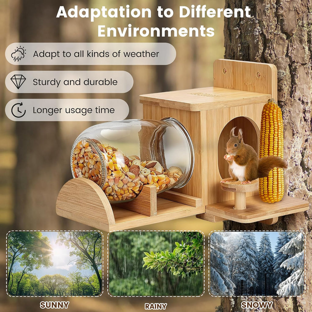 Bamboo Wood Squirrel Feeder, Outdoor Squirrel Feeders for Garden Tree, Chipmunk Feeder for Corn and Peanuts, with