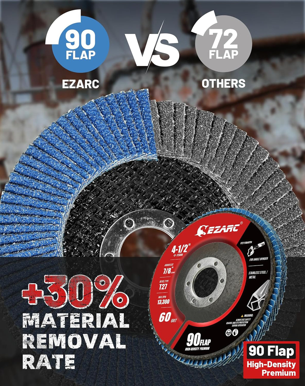 EZARC Zirconia Flap Discs 60 Grit High Density, 4.5x7/8", Type 27, 12-Pack