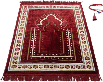 TB Islamic Prayer Rug Plush Soft Velvet Muslim Mat Unique Arabic Turkish African Embroidered Design Prayer Bead Daily