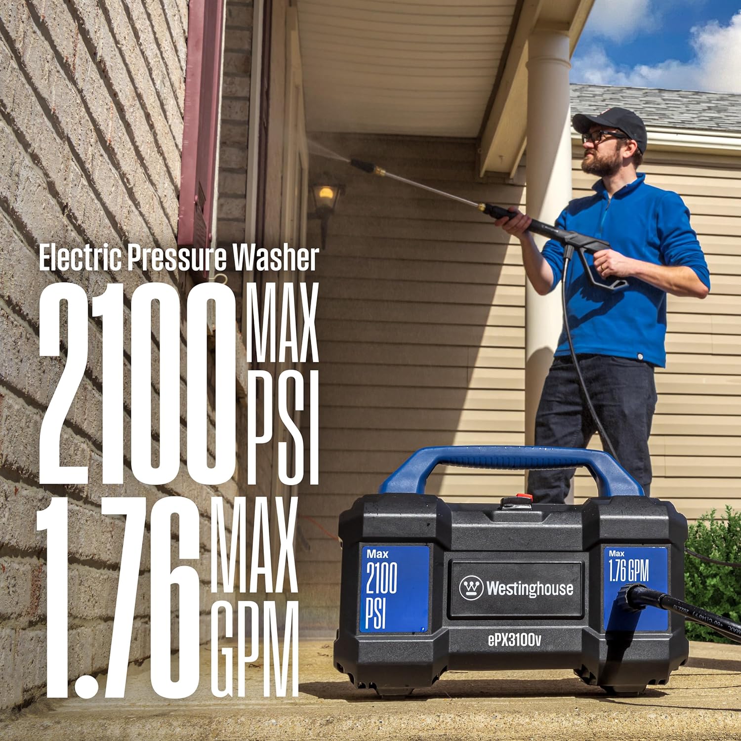ePX3100v Electric Pressure Washer, 2100 Max PSI 1.76 Max GPM, Built-in Carry Handle, Detachable Foam Cannon