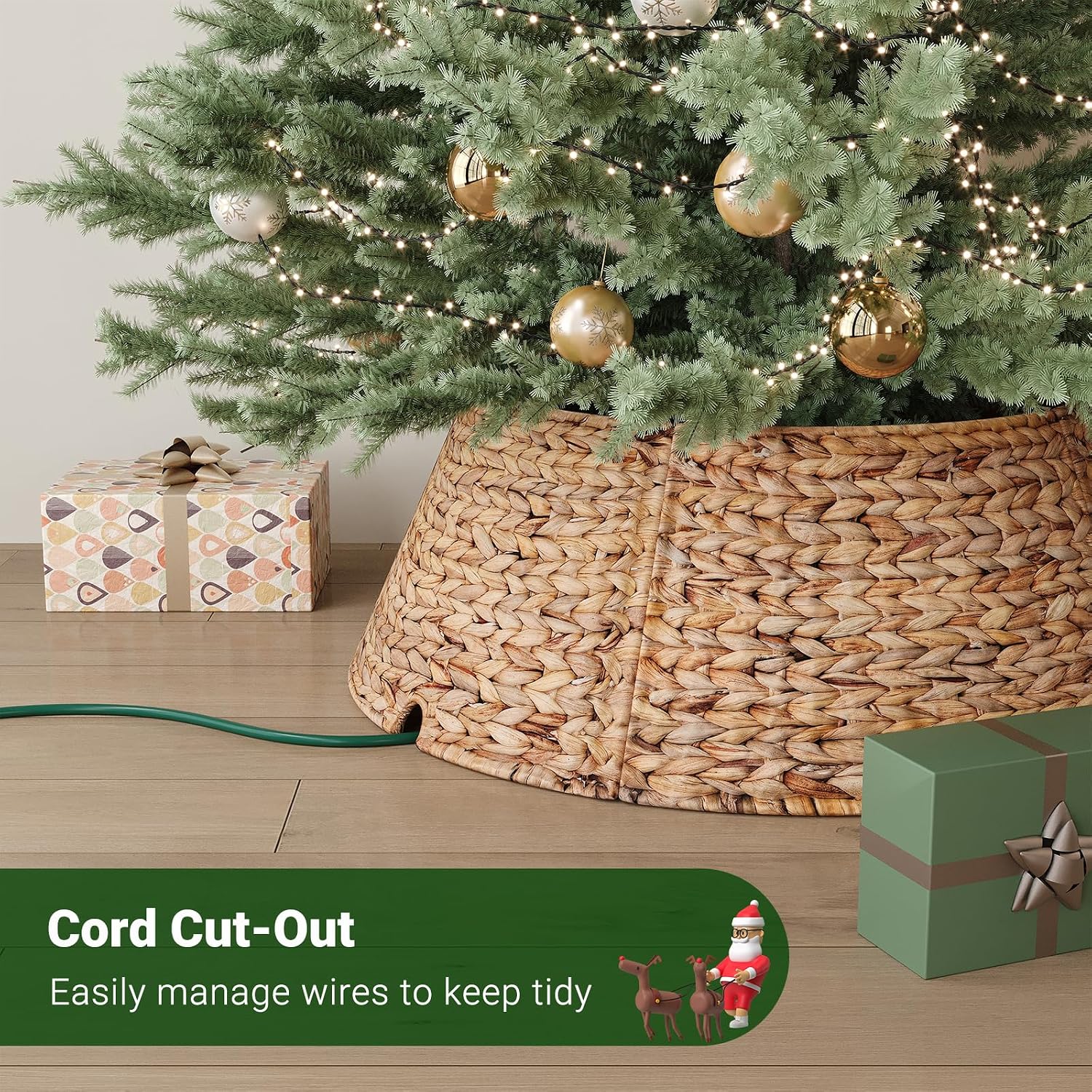 28-Inch Woven Rattan Christmas Tree Collar, Stylish Hyacinth 5-Piece Tree Skirt for Artificial Trees, Wicker Tree
