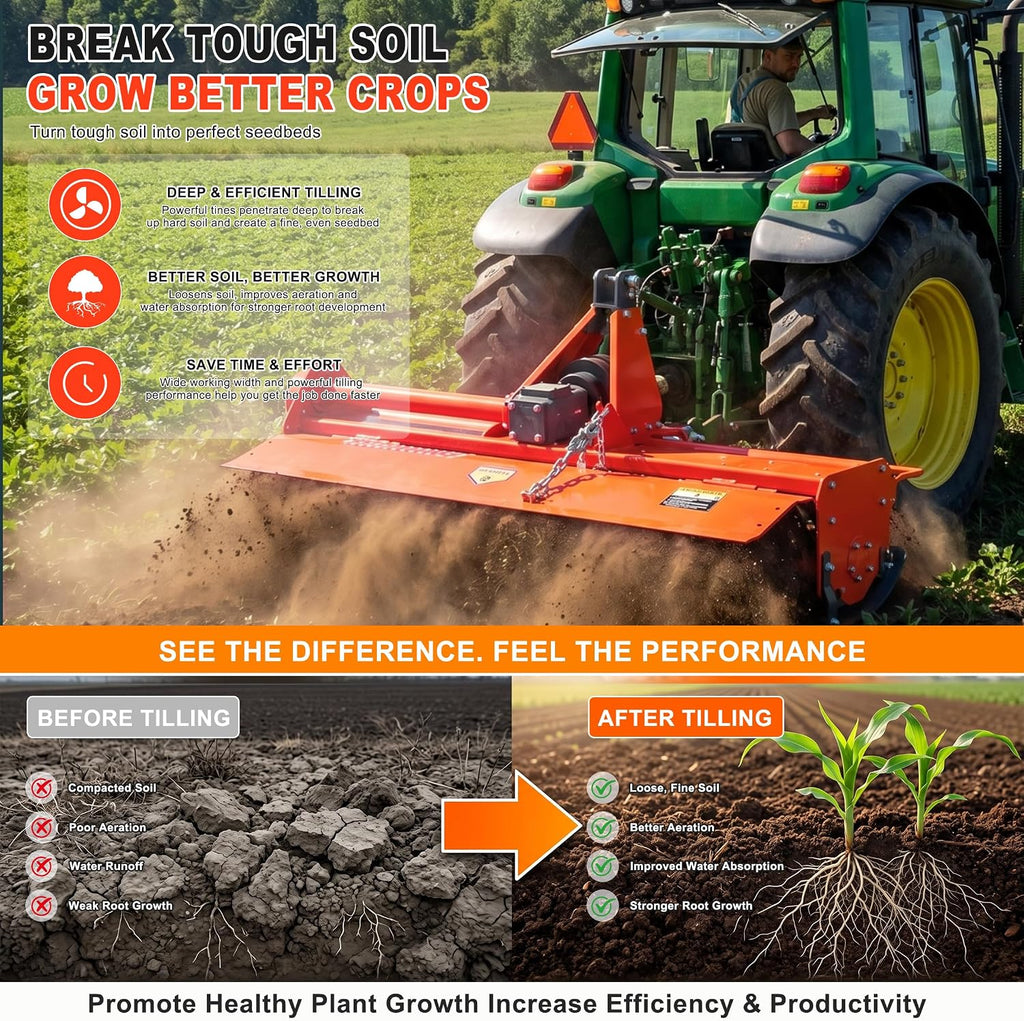Heavy Duty 3 Point Hitch Rotary Tiller 4 FT 49 in, Tractor Tiller Work with 3 PT CAT I, Single Speed PTO Drive
