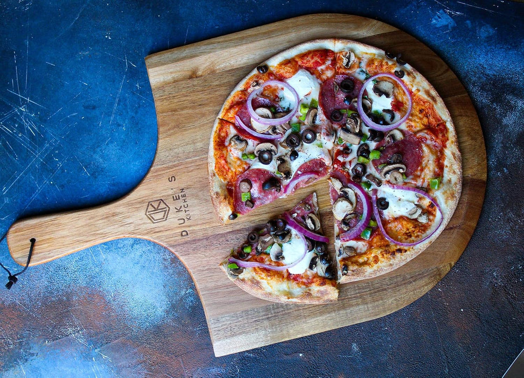 Premium Acacia Pizza Peel (Extra Large) and Rocker Blade Pizza Cutter Set, Pizza Peel 16 inch, Gourmet Wooden Pizza