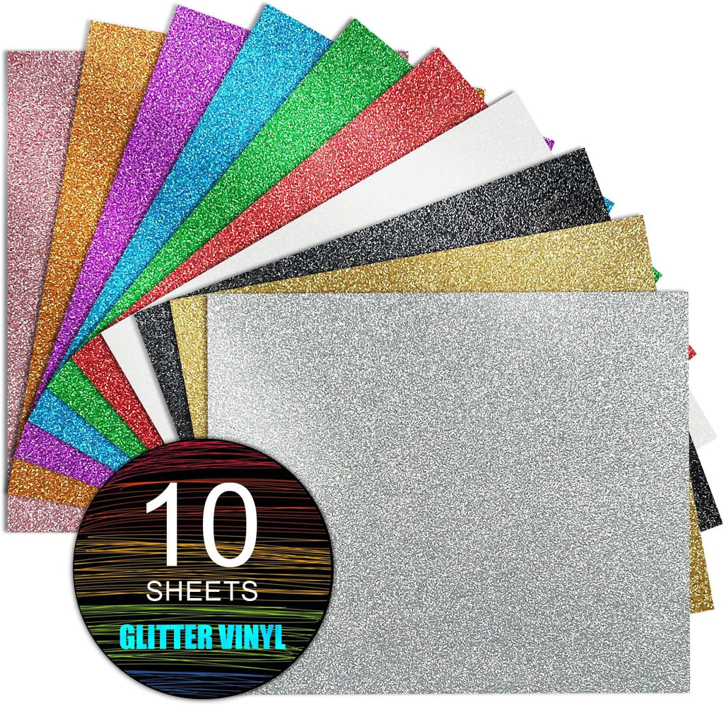 Glitter Heat Transfer Vinyl HTV 12"x10" Bundle 10 Sheets, Glitter Iron on Vinyl for Cricut & Silhouette Cameo - HTV