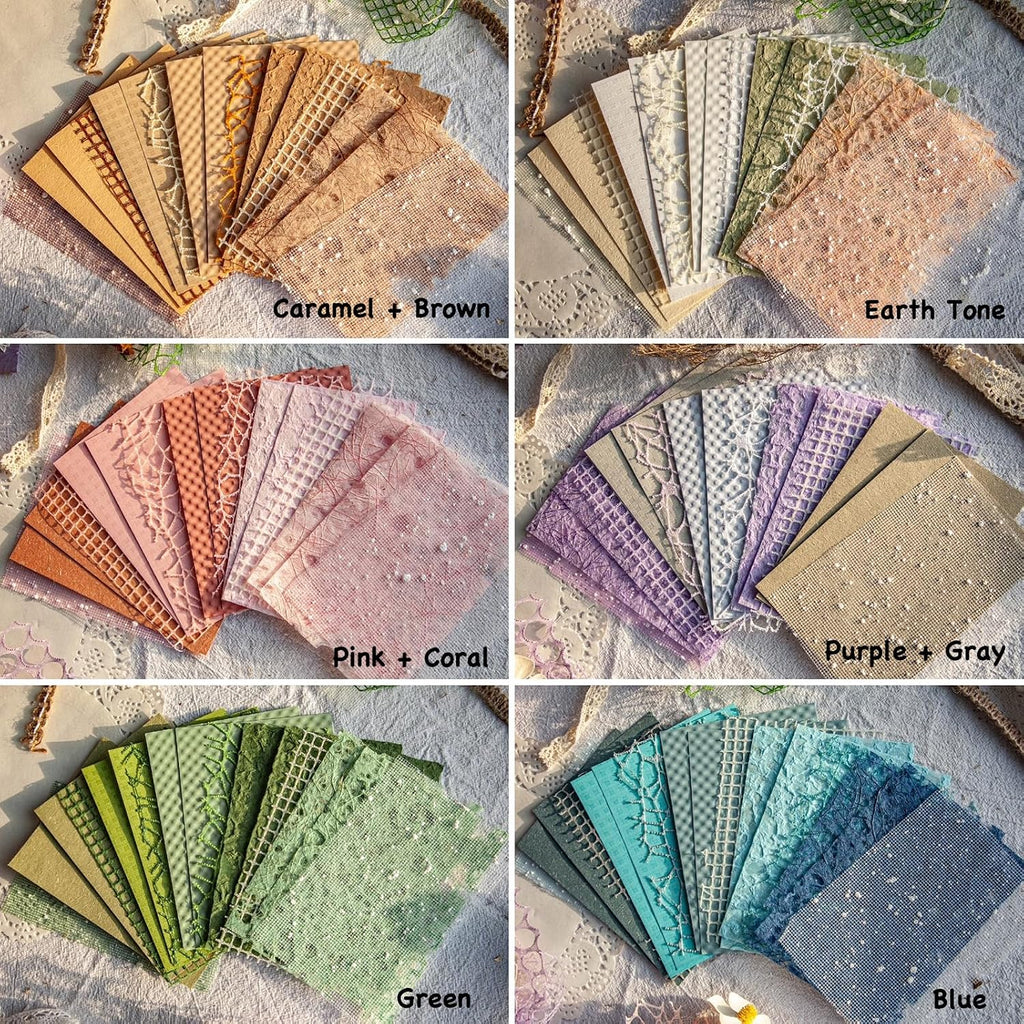 96 Sheets Textured Scrapbook Paper and Mesh Fabric Assorted Set - 6 Pack Mixed Special Paper for Scrapbooking Planner