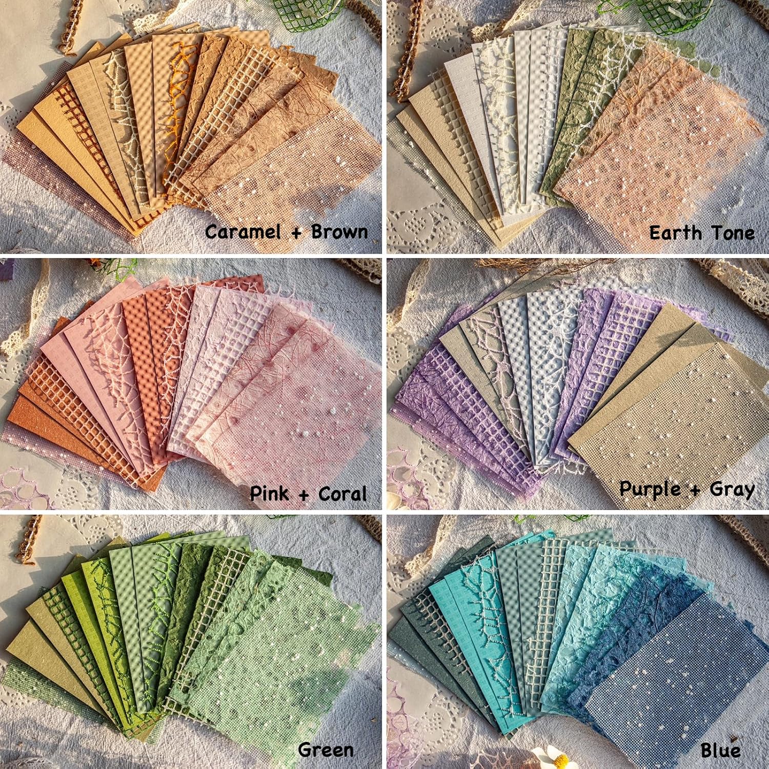 96 Sheets Textured Scrapbook Paper and Mesh Fabric Assorted Set - 6 Pack Mixed Special Paper for Scrapbooking Planner
