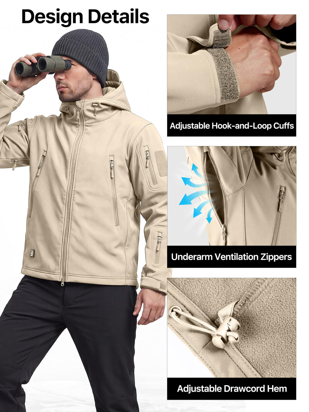 Men's Hooded Waterproof Rain Fleece Lined Softshell Jacket(Khaki,3XL)