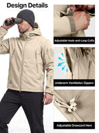 Men's Hooded Waterproof Rain Fleece Lined Softshell Jacket(Khaki,3XL)