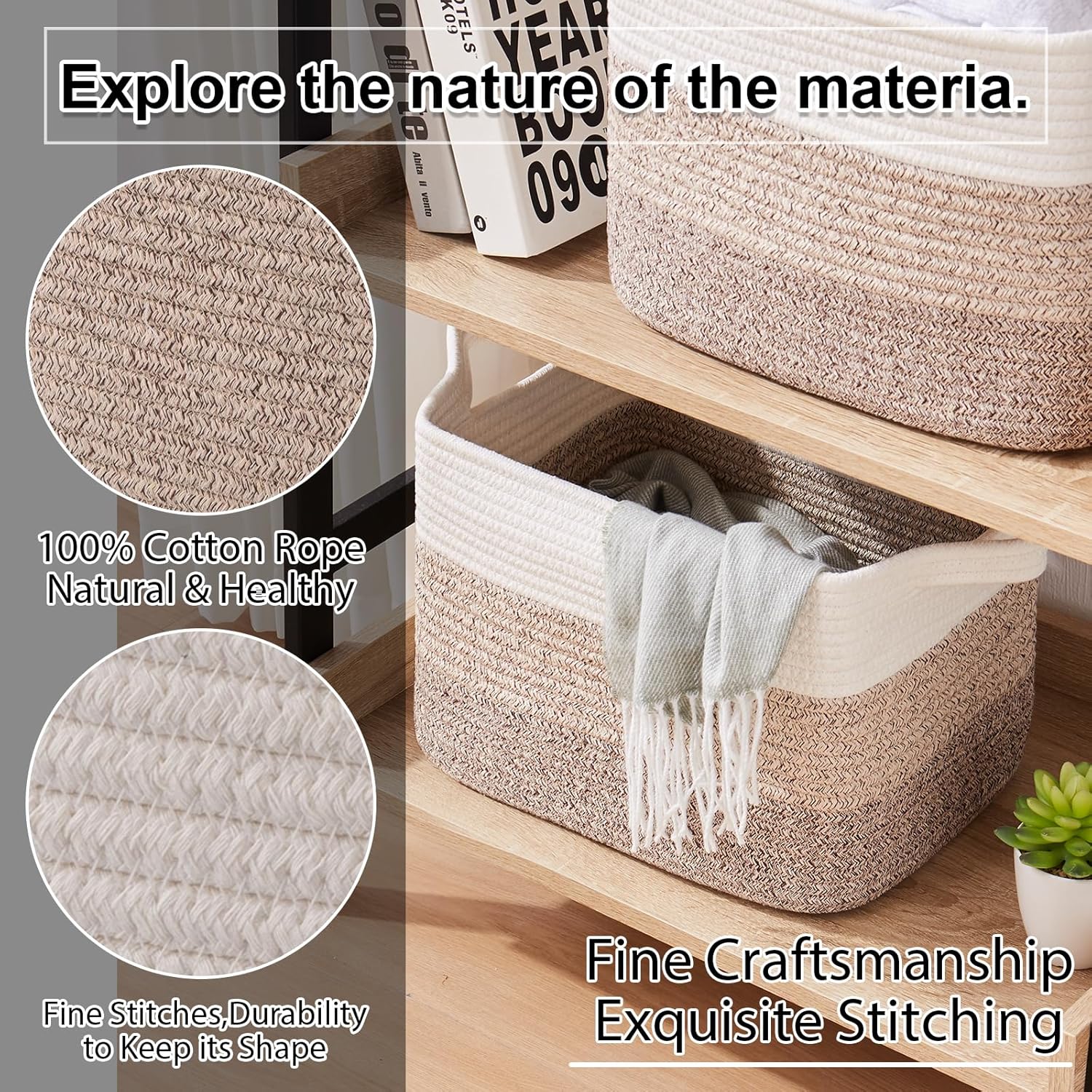 Storage Basket, Woven Baskets for Storage, Cotton Rope Basket for toys,Towel Baskets for Bathroom - Pack of 3