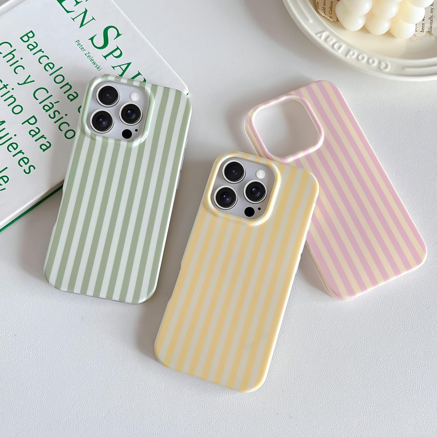 for iPhone 16 Pro Case Cute Striped Phone Case Soft TPU Slim Shockproof Phone Cover for Women Girls, Pink and Yellow