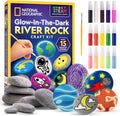 National Geographic Glow-in-the-Dark Rock Painting Craft Kit for Kids | 15 River Rocks, 15 Paint Colors, Glow Paints