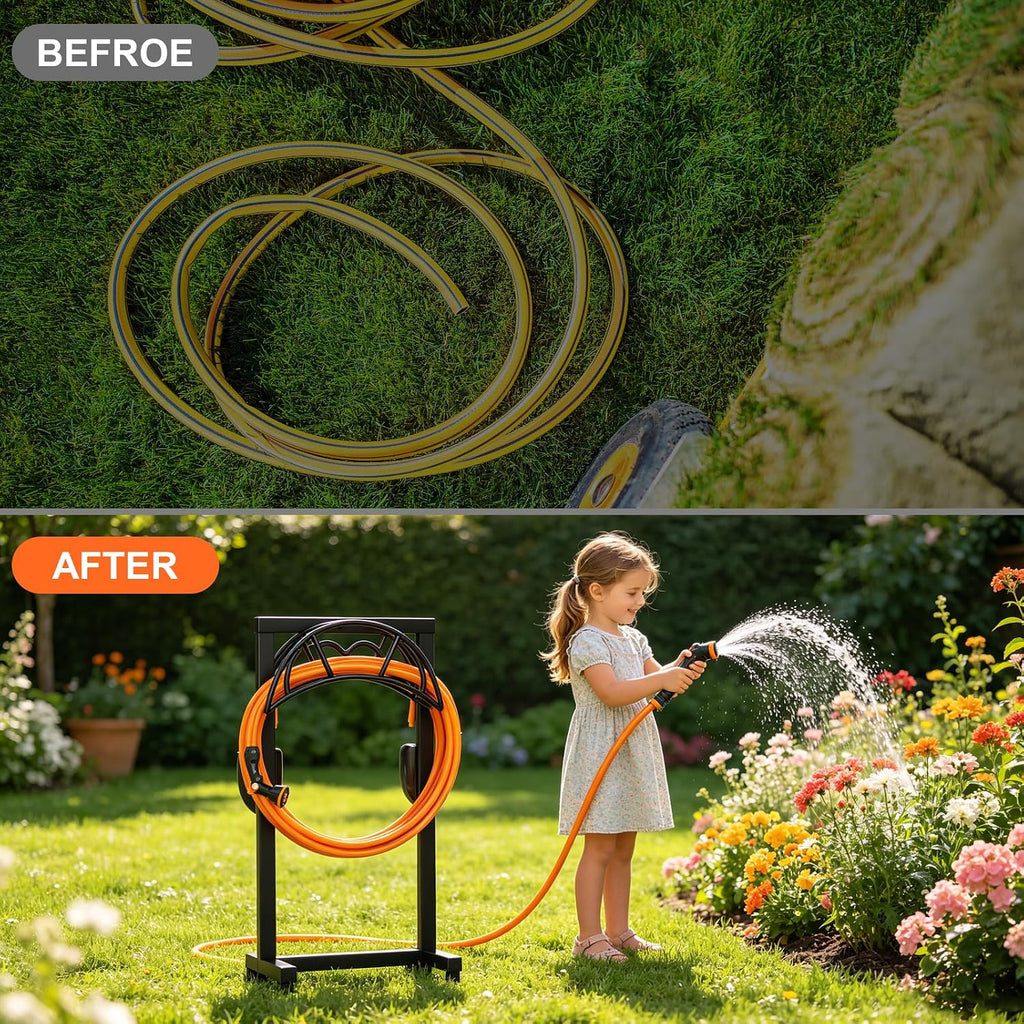 Garden Hose Holder, Freestanding Heavy Duty Water Hose Holder for Outside, Upgraded Metal Hose Stand with 4 Spikes