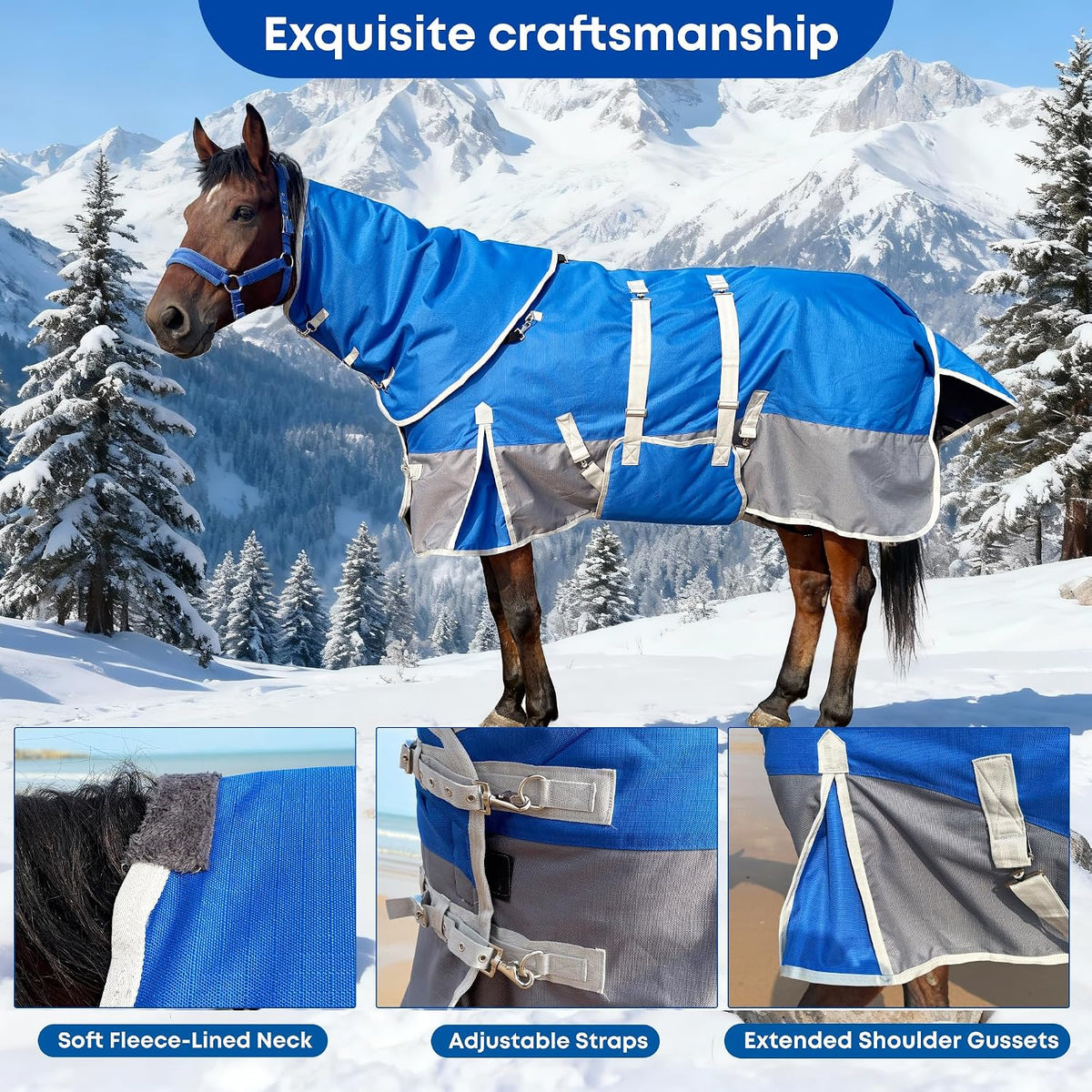 1200D Turnout Horse Blanket with Hood & Band, Medium Weight, Blue/Grey,78IN