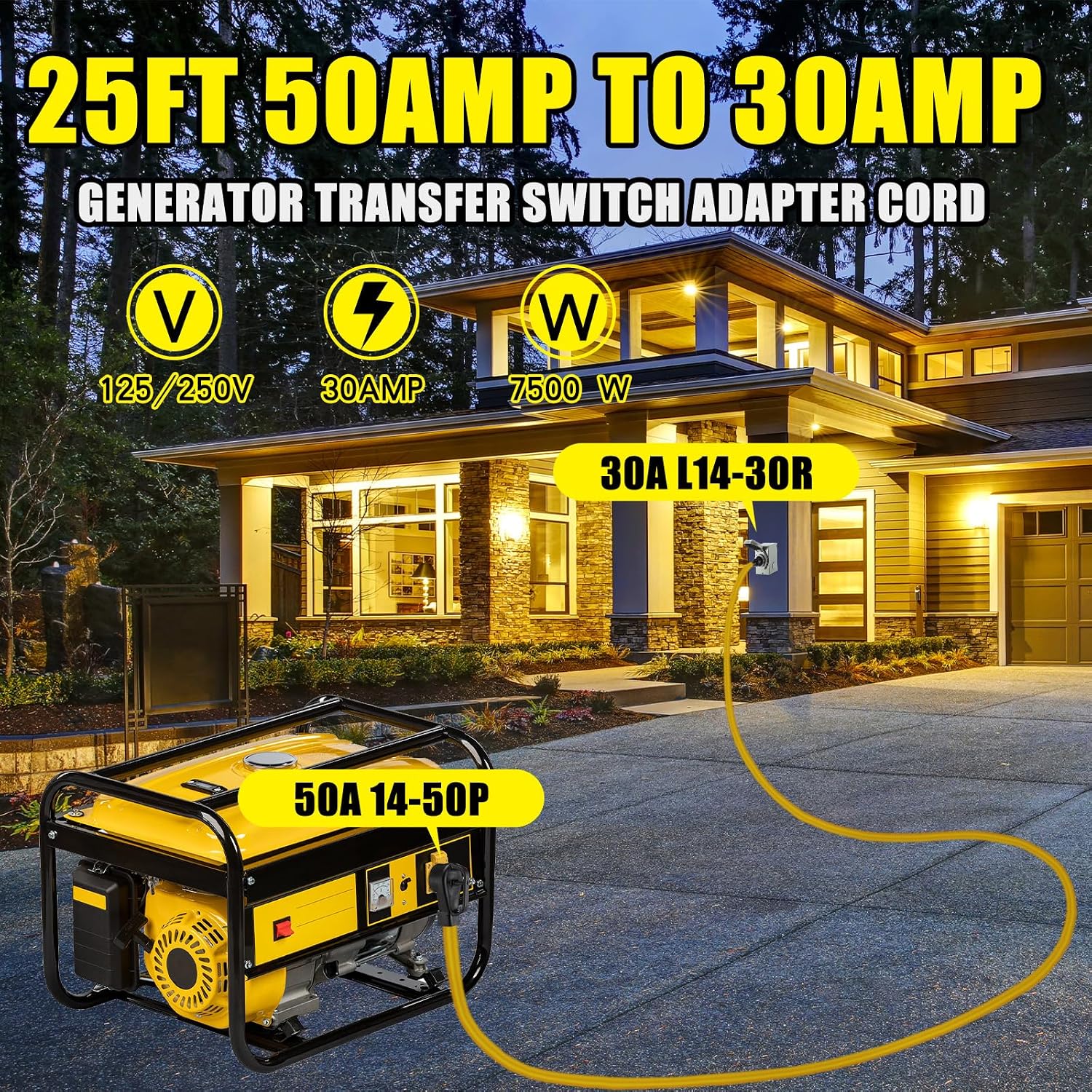 25ft NEMA 14-50P to L14-30R Generator Transfer Switch Adapter Cord | 4 Prong 50amp to 30 Amp Generator to House Inlet