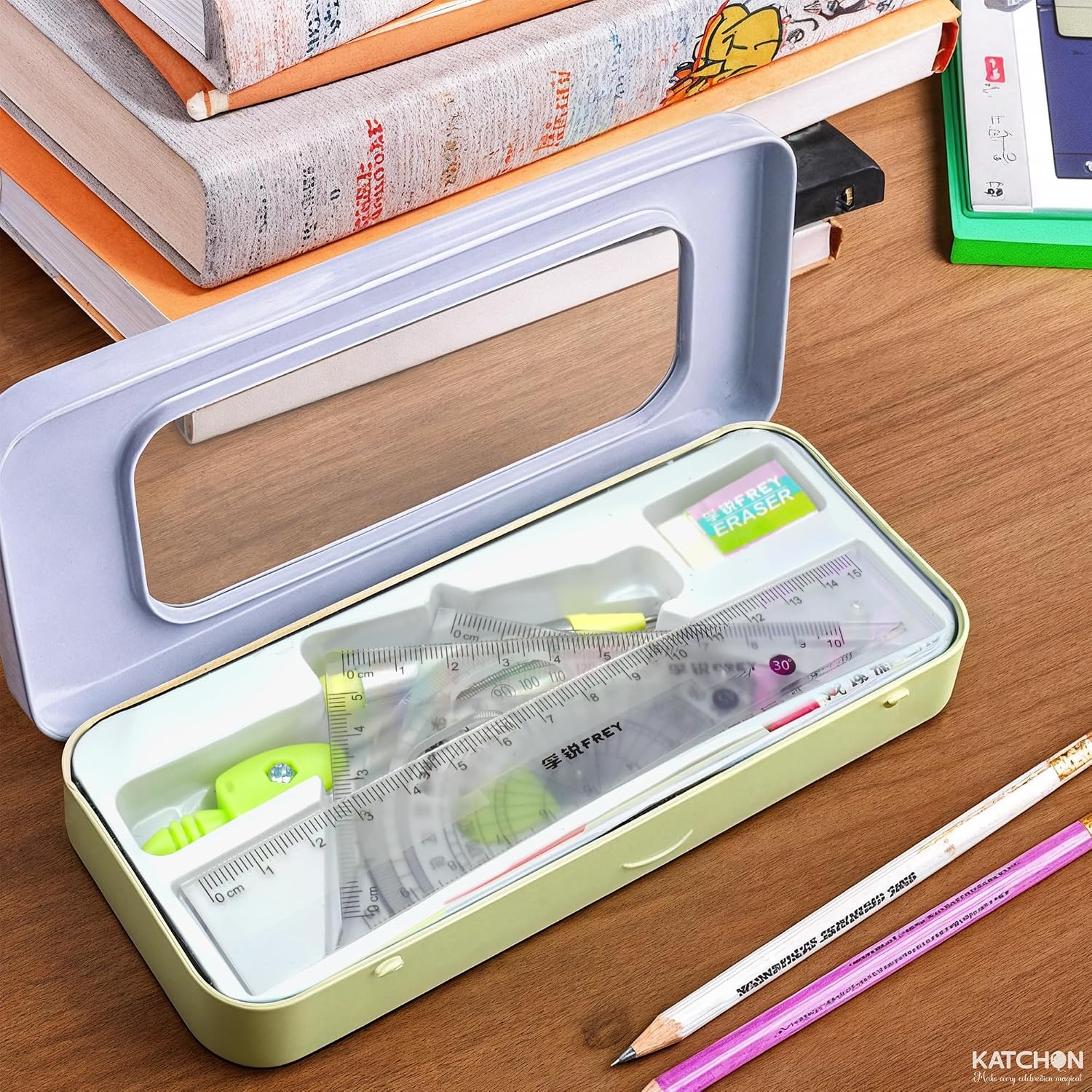 Geometry Set for Students - 8 Pieces, Back to School Supplies | Metal Compass, Protractor, Eraser, Triangle Ruler