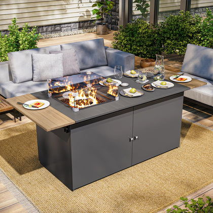 Propane Fire Pit Table 64 Inch with Lid, 60,000 BTU Gas Fire Pits for Outside Patio with Glass Wind Guard,Dark Grey