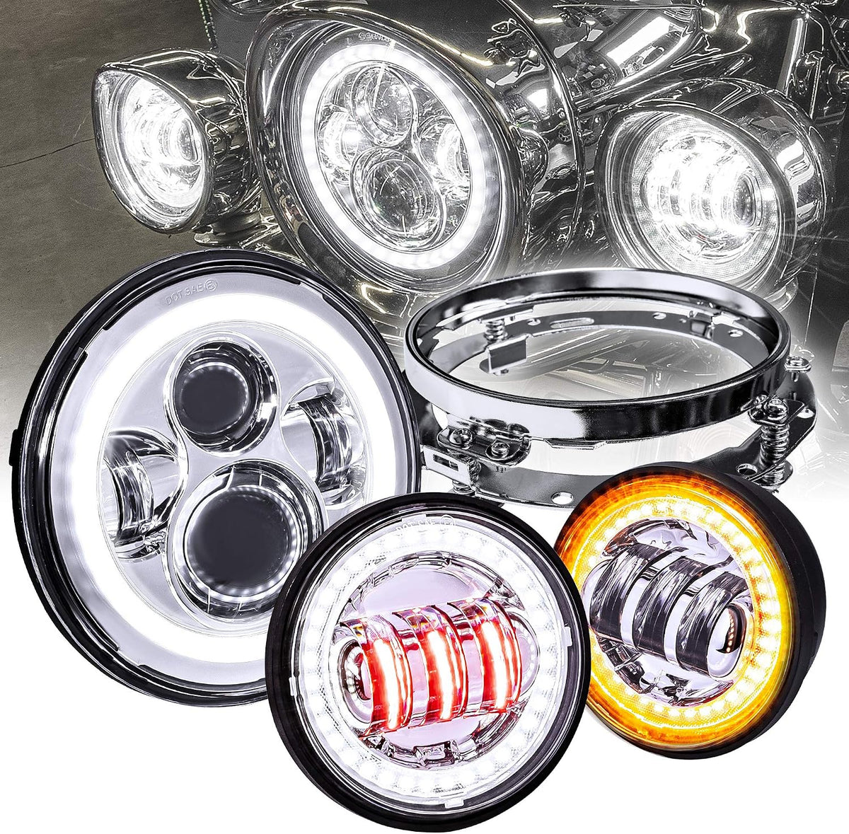 TRUE MODS 7 Inch Halo LED Headlight 4.5" Passing Light for Harley Davidson