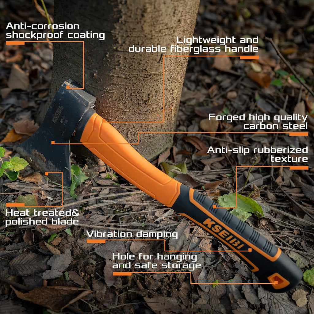 Wood Axe, Small Outdoor Camp Hatchet for Splitting and Kindling Wood, Forged Steel Blade with Anti-Slip and Shock