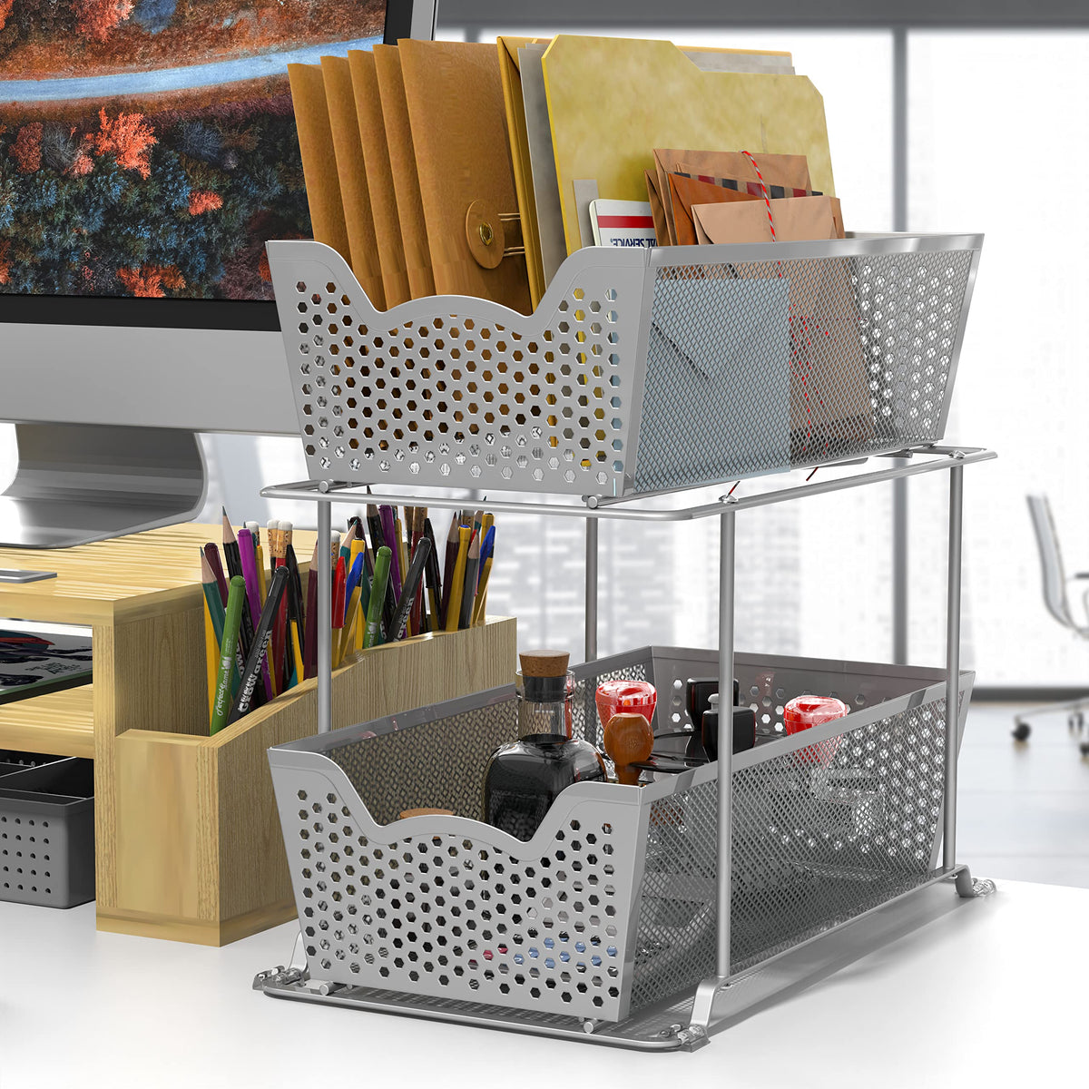 Cabinet 2 Tier Perforated Basket Drawer, Silver - 2 Pack