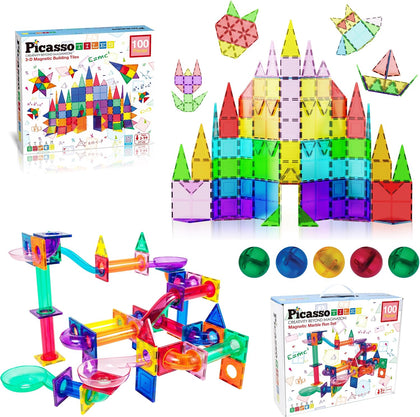 100PC Magnet Tiles + 100PC Marble Run Race Track Fun & Creative Playset Bundle, STEAM Learning & Educational Sensory