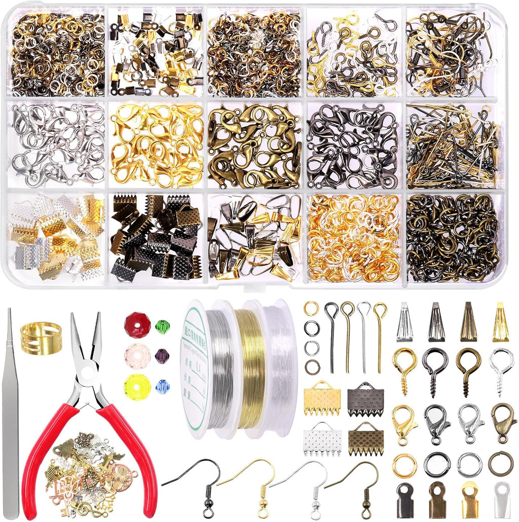 Jewelry Making Supplies Kit - 1617 Pcs with 40 Styles Findings, 6 Colors Beads & Charms, Pliers, Wires, Tweezers &
