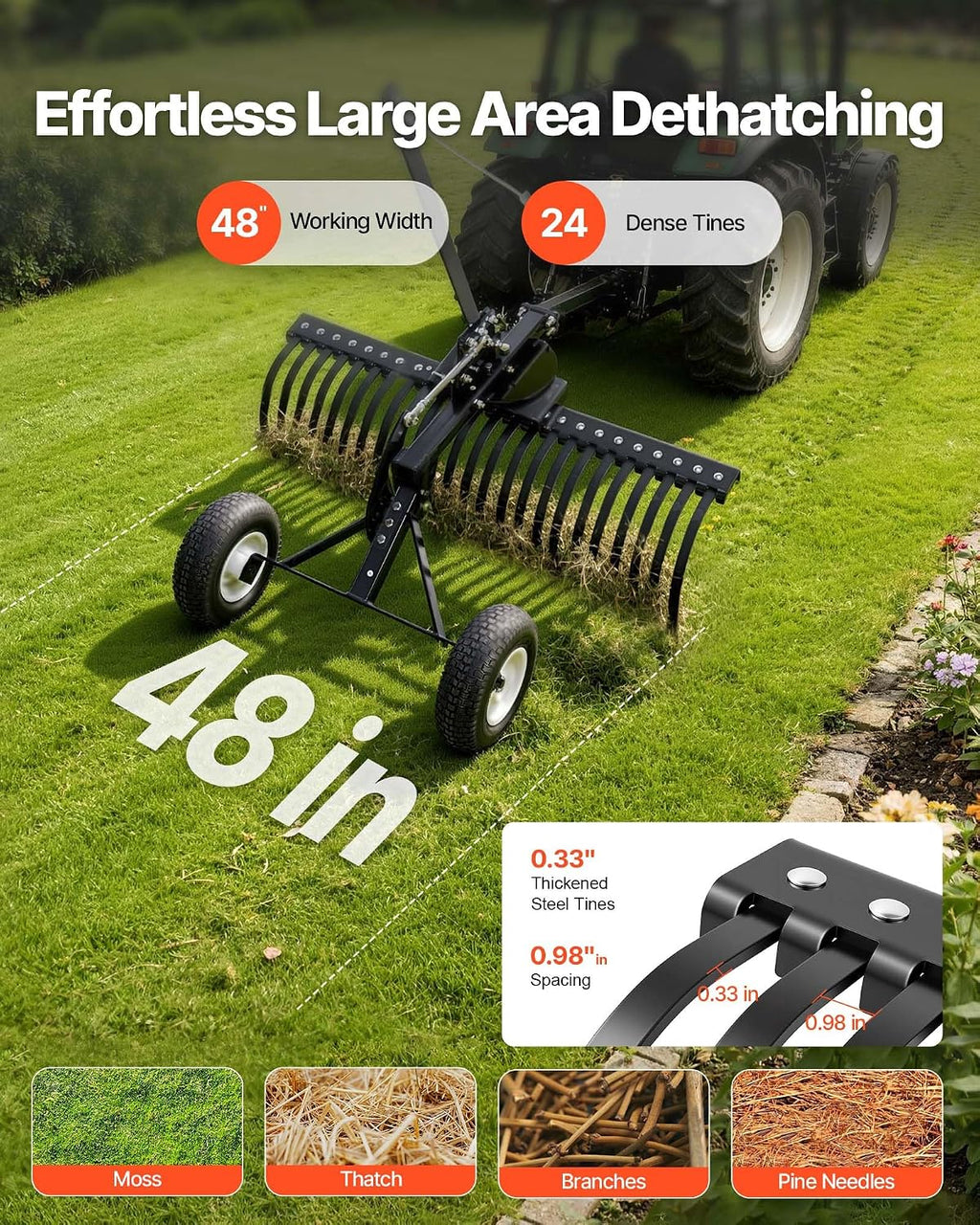 48in Tow Behind Landscape Rake, Pull Behind Lawn Rock Rakes for ATV Mower Tractors, 24 Durable Steel Tines