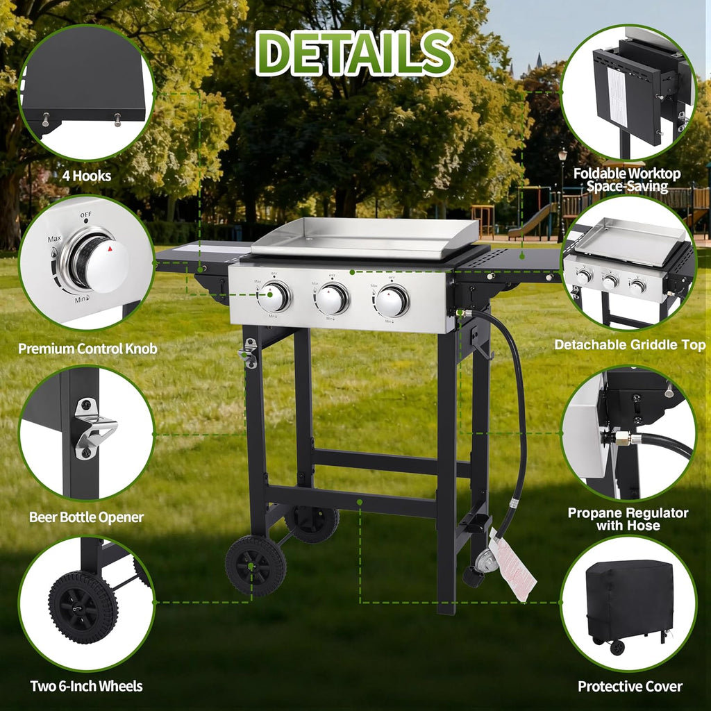 Portable Flat Top Grill with Folding Tabletop Design & Integrated Cart - Propane Griddle for Outdoor Cooking