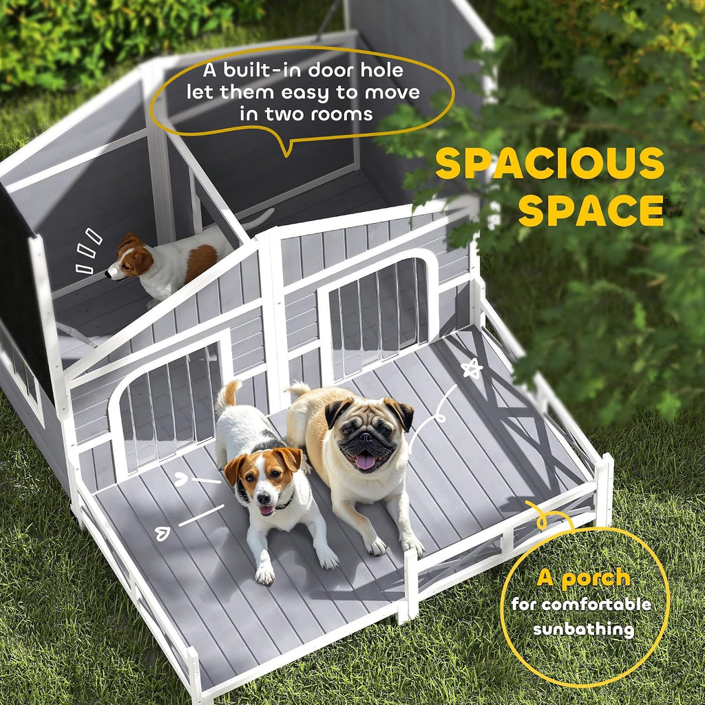 Dog House Outdoor, Wooden Dog Kennel Weatherproof with Porch, Openable Roof, Removable Bottom, Elevated Floor, Double