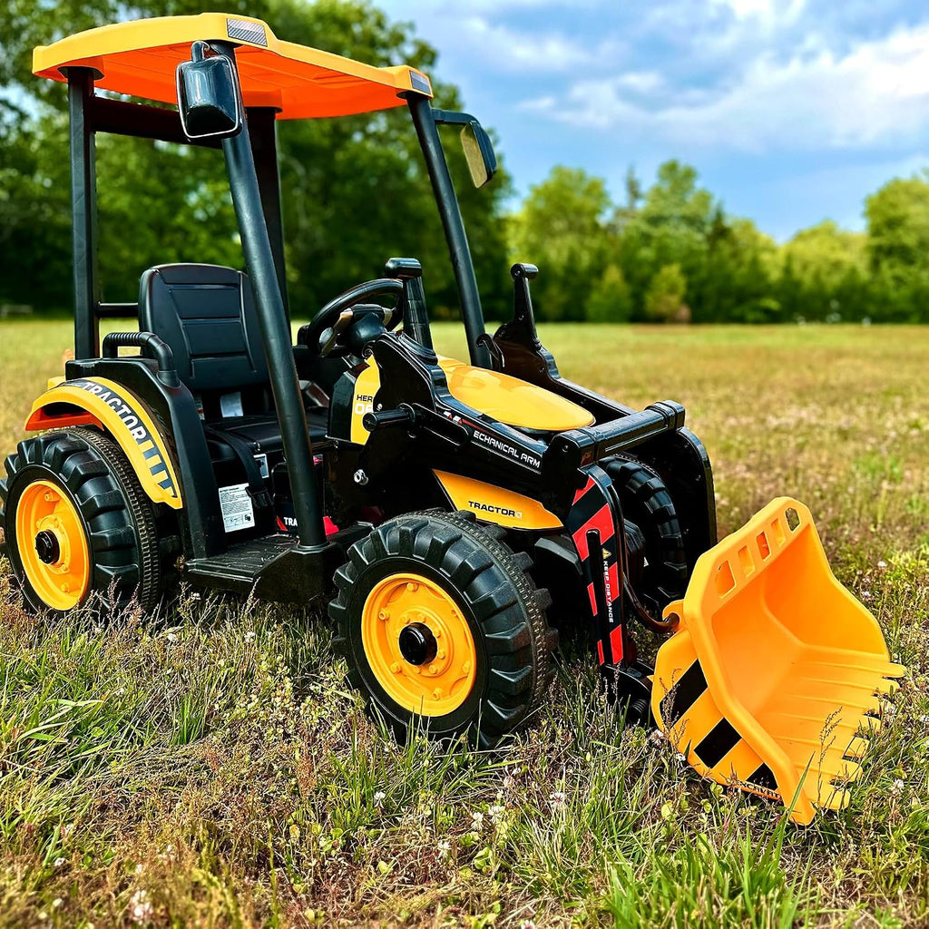 24V Ride on Tractor with Front Loader, Ride On Excavator with 24volt Dual Motors 4-Gearbox Metal Frame Kids Electric
