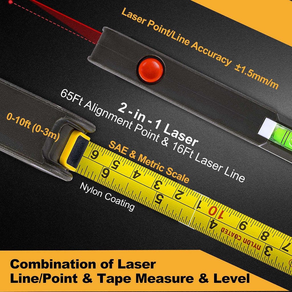 4-in-1 Line Laser Level Multipurpose Torpedo Level, 65Ft Alignment Point & 16Ft Laser Line & 10Ft Measure Tape Ruler