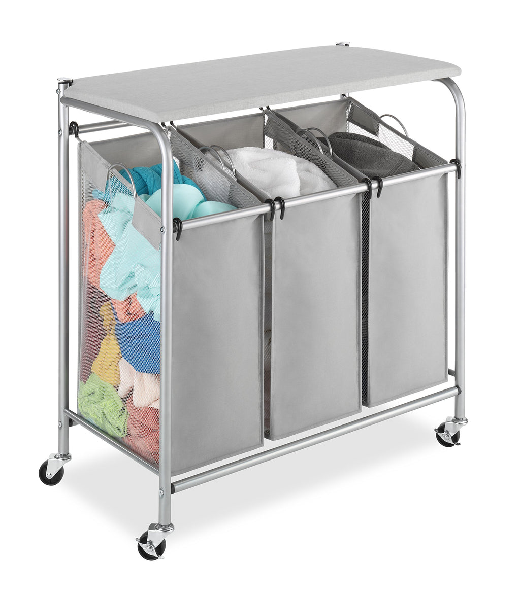 3 Section Rolling Laundry Sorter with Folding Station - Ironing Board, Chrome / Gray