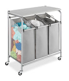 3 Section Rolling Laundry Sorter with Folding Station - Ironing Board, Chrome / Gray