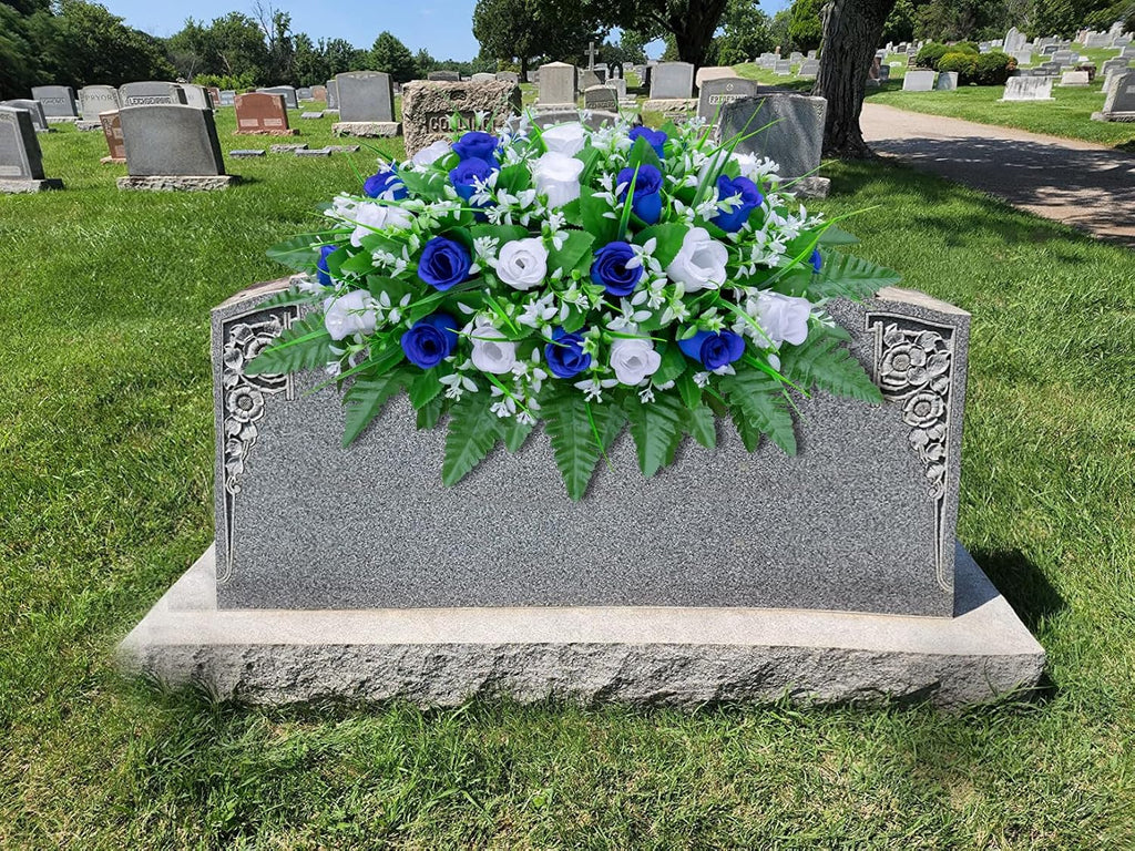Artificial Cemetery Flowers Saddle-Shaped Tombstone Decorations Non-Fading UV-Resistant（Blue+White Saddle ）