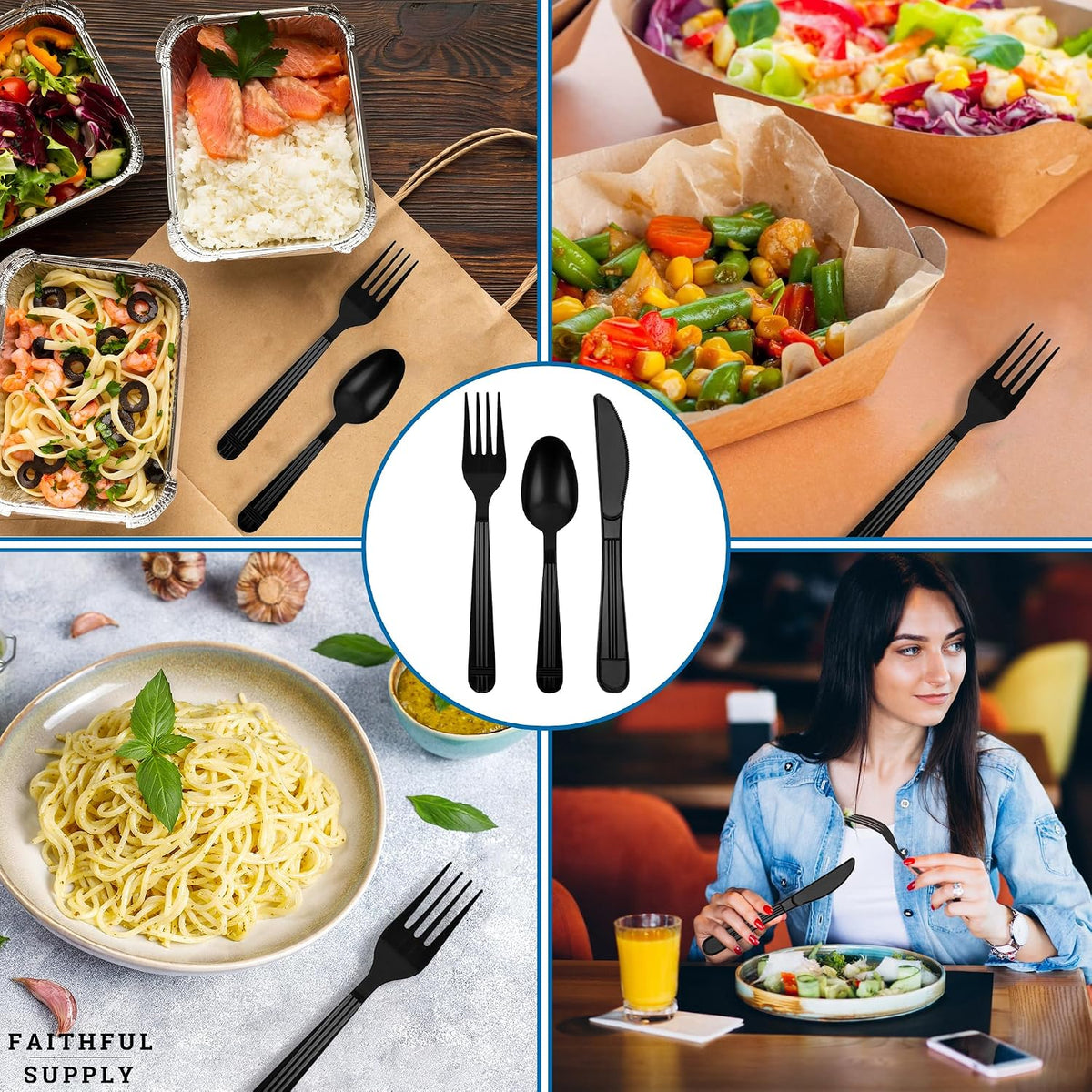 125ct Individually Wrapped Plastic Silverware Set Black - Pre Rolled Cutlery Kits with Napkin, Heavy Duty Disposable