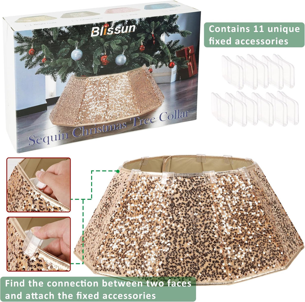 Sparkling Champagne Gold Christmas Tree Collar – Color Shifts with Light – 25.2″ Bottom / 14.9″ Top Foldable Base Cover