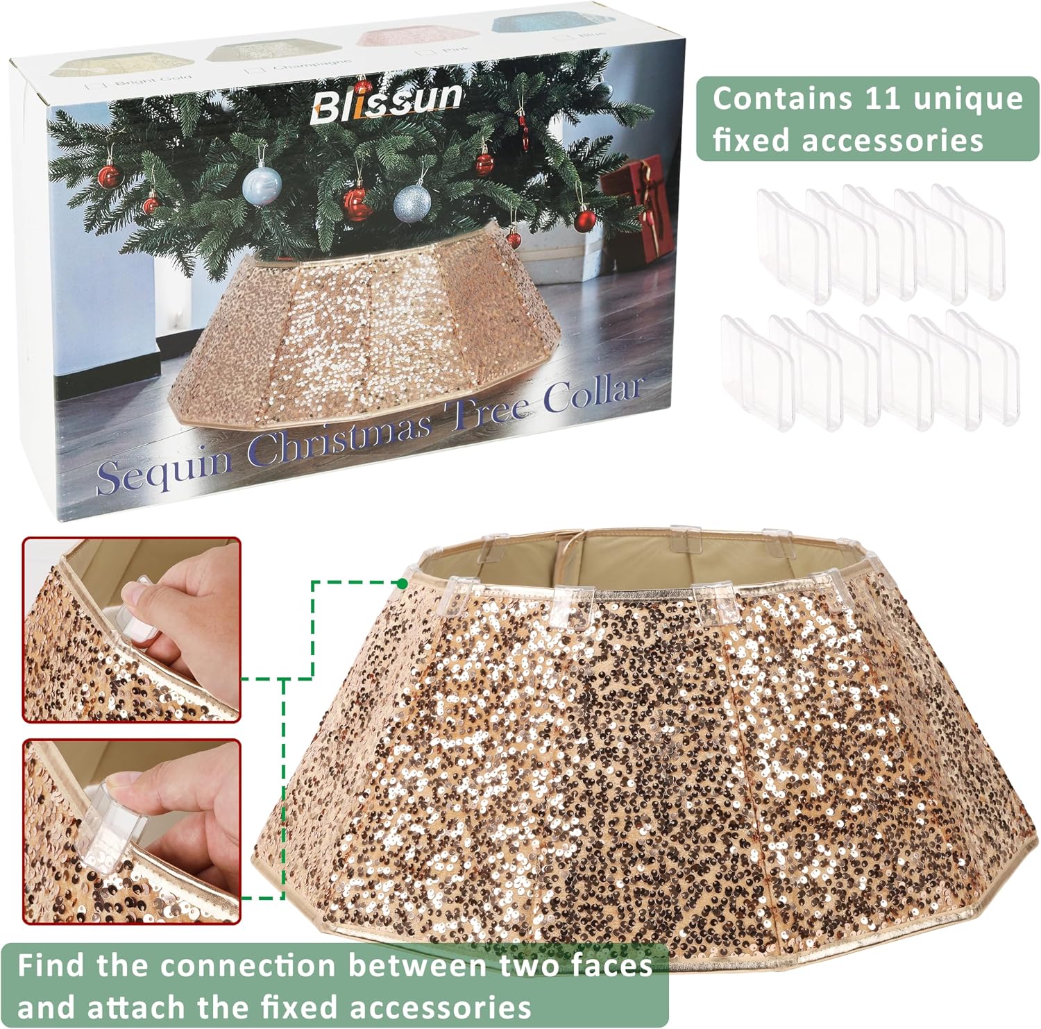 Sparkling Champagne Gold Christmas Tree Collar – Color Shifts with Light – 25.2″ Bottom / 14.9″ Top Foldable Base Cover